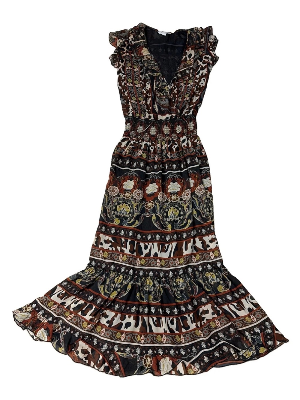 Boston Proper Tiered Ruffle Maxi Dress SIZE S Boho Floral Animal Print Smocked